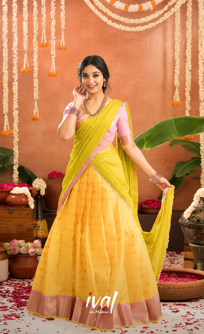 Izhaiyini Organza Halfsaree - Bright yellow and Baby pink - Half Sarees