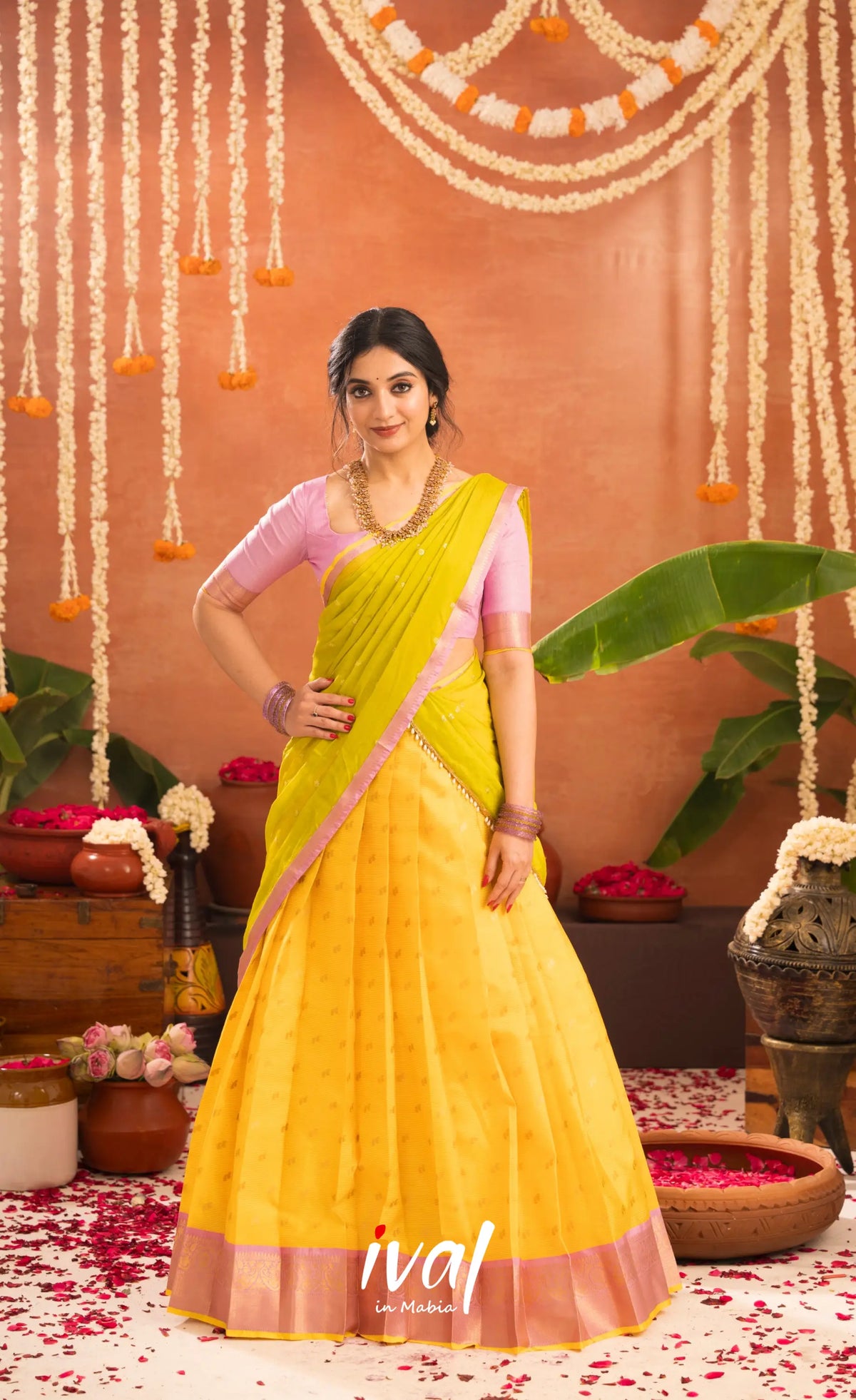 Izhaiyini Organza Halfsaree - Bright yellow and Baby pink - Half Sarees