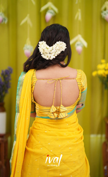 Izhaiyini Organza Halfsaree - Bright yellow and Turqouise blue - Half Sarees