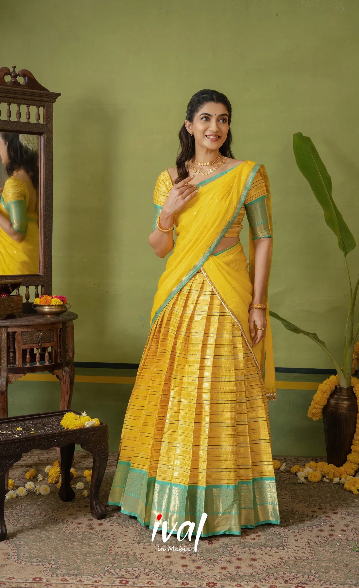 Izhaiyini Organza Halfsaree - Bright yellow and Turqouise blue - Half Sarees
