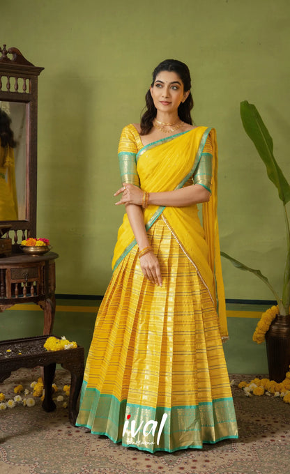 Izhaiyini Organza Halfsaree - Bright yellow and Turqouise blue - Half Sarees