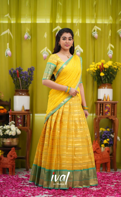 Izhaiyini Organza Halfsaree - Bright yellow and Turqouise blue - Half Sarees