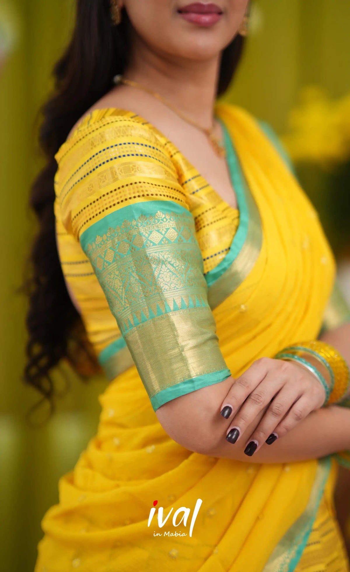 Izhaiyini Organza Halfsaree - Bright yellow and Turqouise blue - Half Sarees