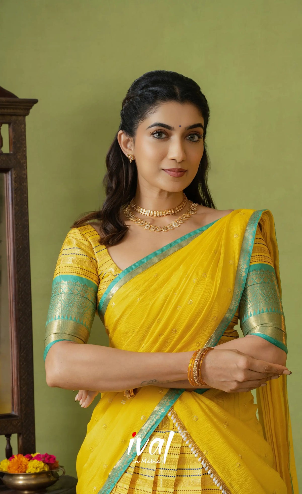 Izhaiyini Organza Halfsaree - Bright yellow and Turqouise blue - Half Sarees