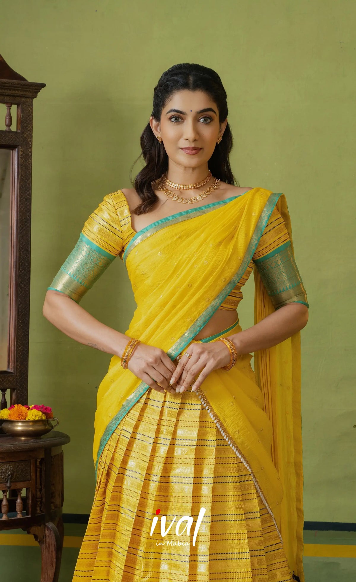 Izhaiyini Organza Halfsaree - Bright yellow and Turqouise blue - Half Sarees