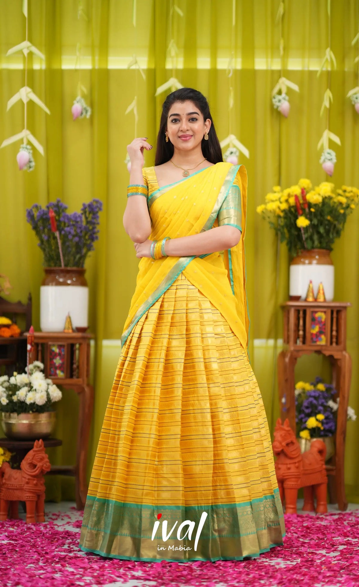 Izhaiyini Organza Halfsaree - Bright yellow and Turqouise blue - Half Sarees