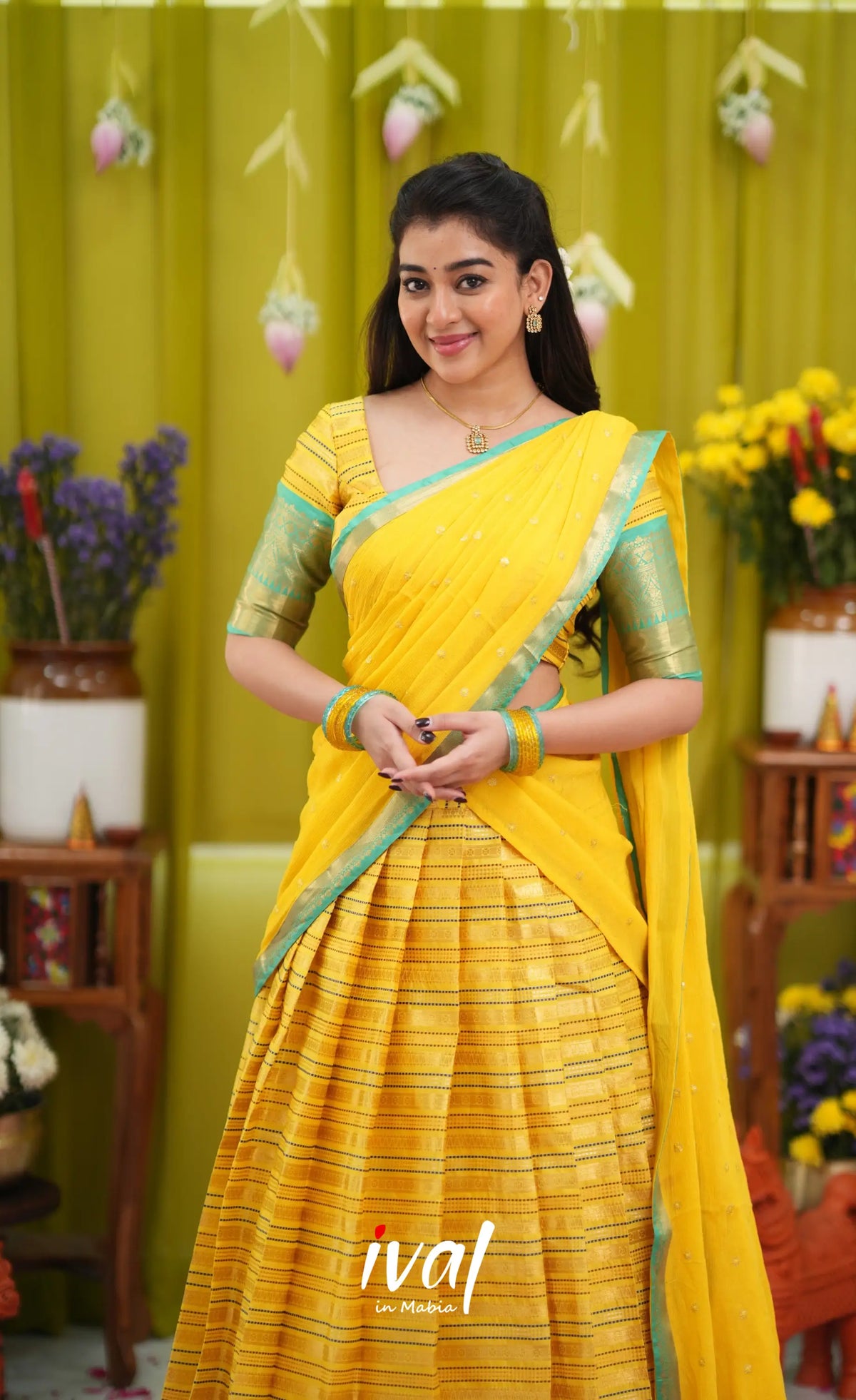 Izhaiyini Organza Halfsaree - Bright yellow and Turqouise blue - Half Sarees