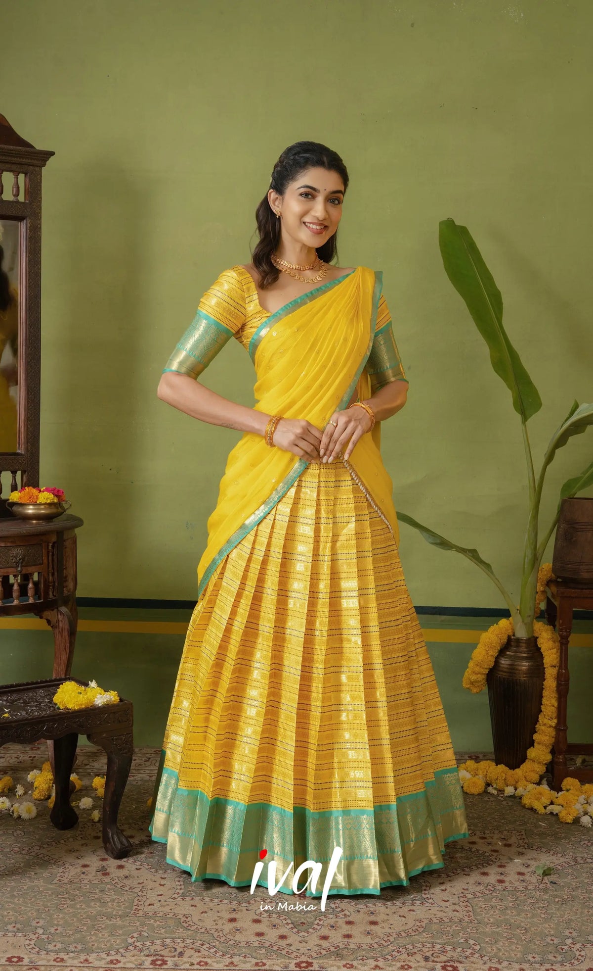 Izhaiyini Organza Halfsaree - Bright yellow and Turqouise blue - Half Sarees