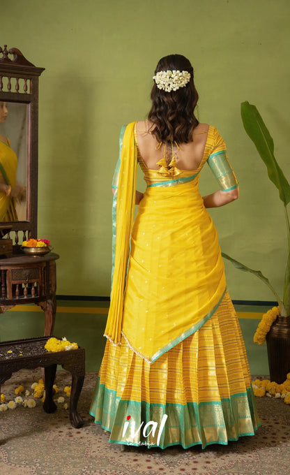 Izhaiyini Organza Halfsaree - Bright yellow and Turqouise blue - Half Sarees