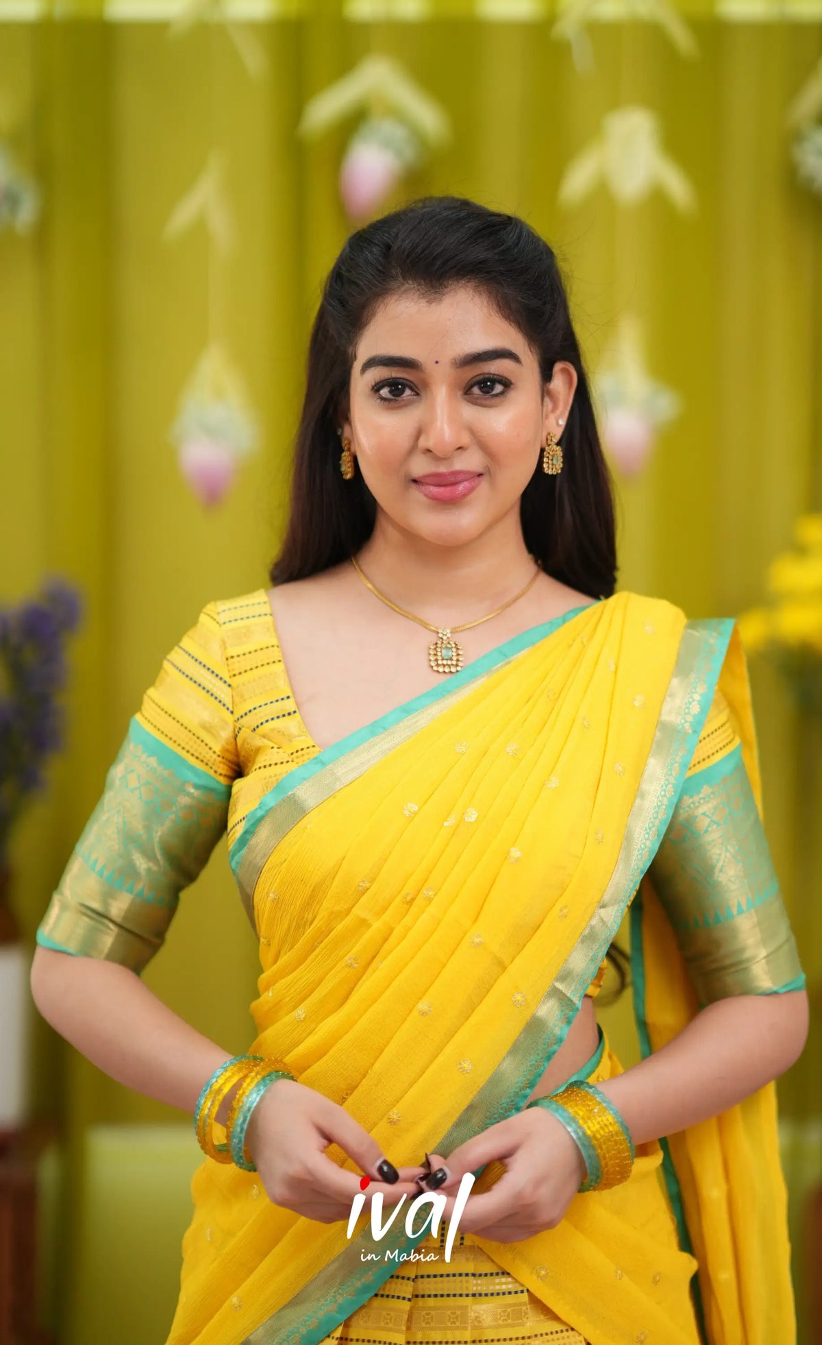 Izhaiyini Organza Halfsaree - Bright yellow and Turqouise blue - Half Sarees