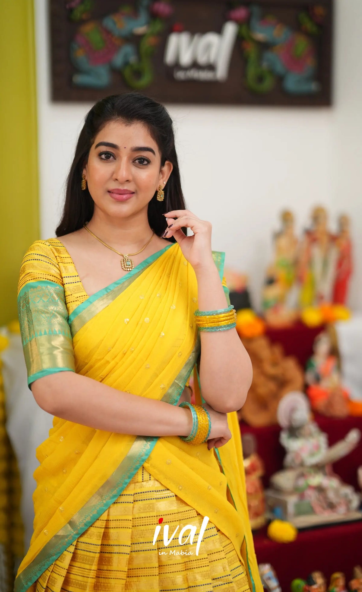 Izhaiyini Organza Halfsaree - Bright yellow and Turqouise blue - Half Sarees