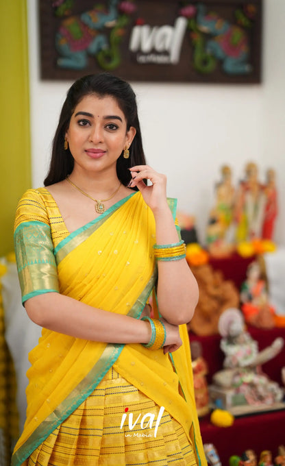 Izhaiyini Organza Halfsaree - Bright yellow and Turqouise blue - Half Sarees