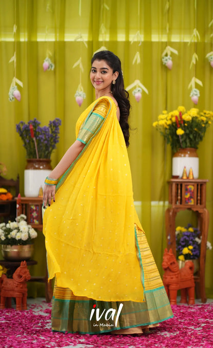 Izhaiyini Organza Halfsaree - Bright yellow and Turqouise blue - Half Sarees