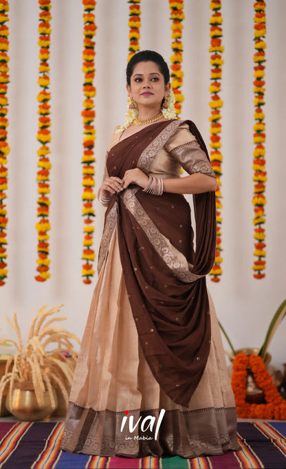 Izhaiyini Organza Halfsaree - Cream And Brown Half Sarees