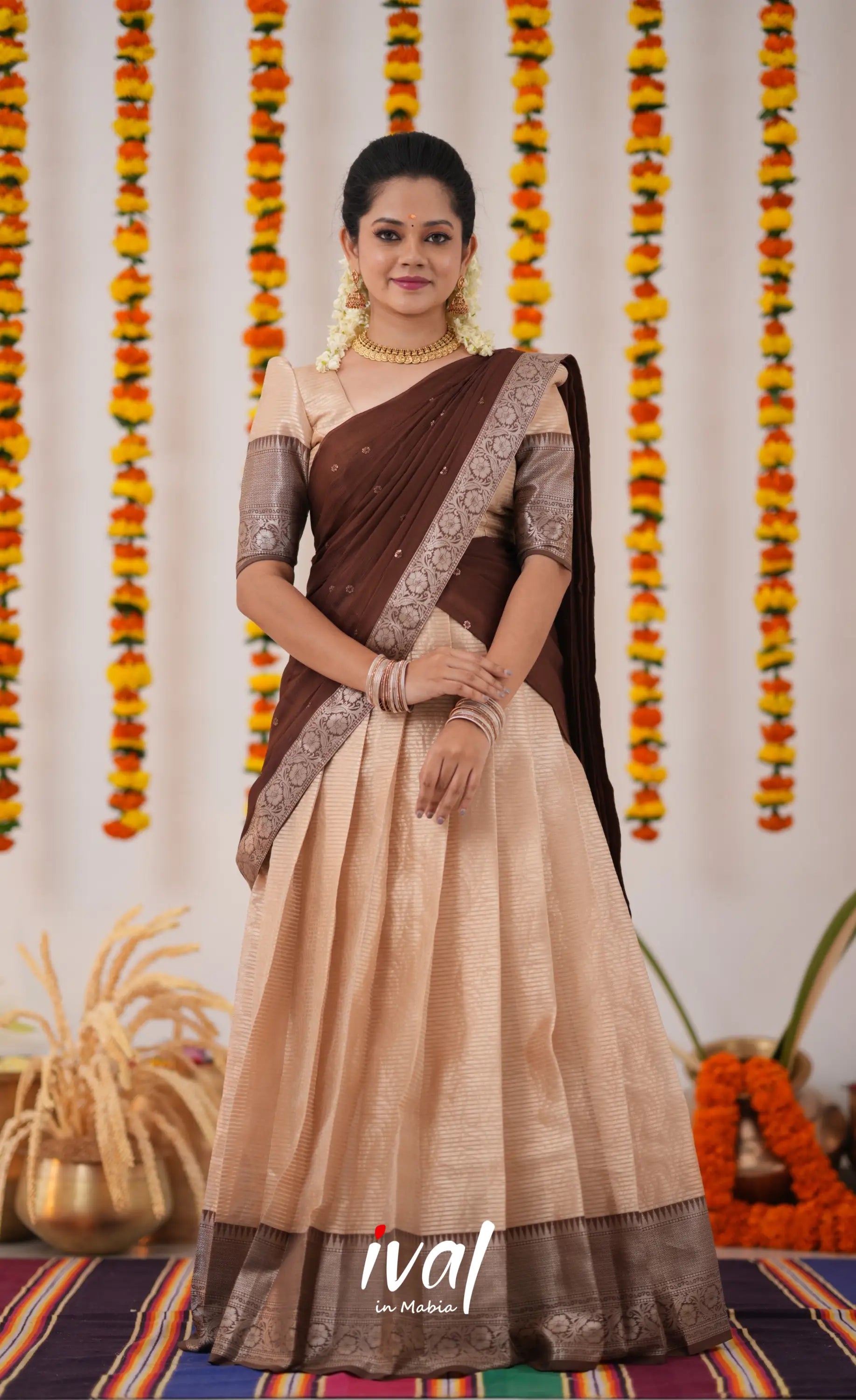 Izhaiyini Organza Halfsaree - Cream And Brown Half Sarees