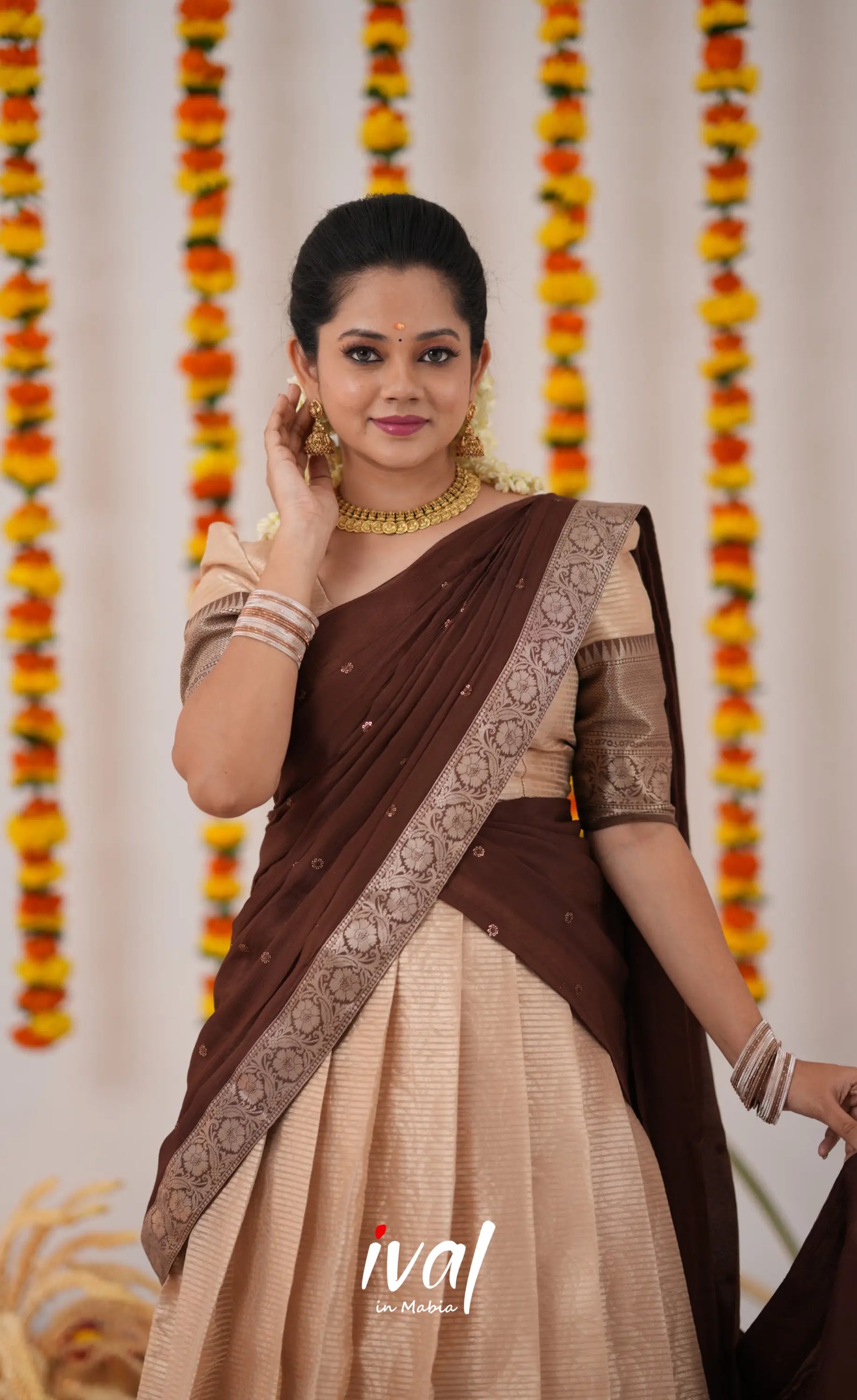 Izhaiyini Organza Halfsaree - Cream And Brown Half Sarees