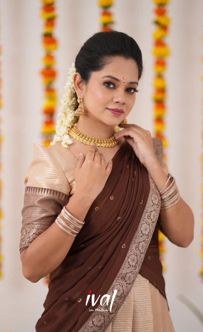 Izhaiyini Organza Halfsaree - Cream And Brown Half Sarees