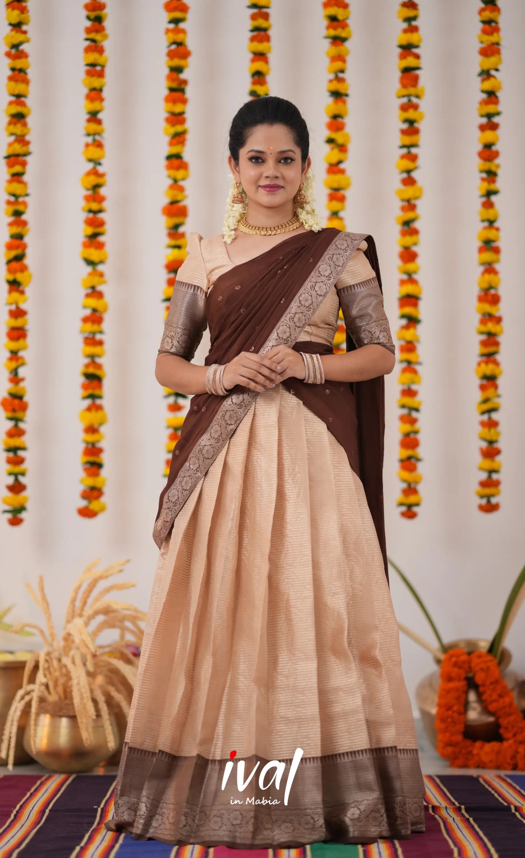 Izhaiyini Organza Halfsaree - Cream And Brown Half Sarees