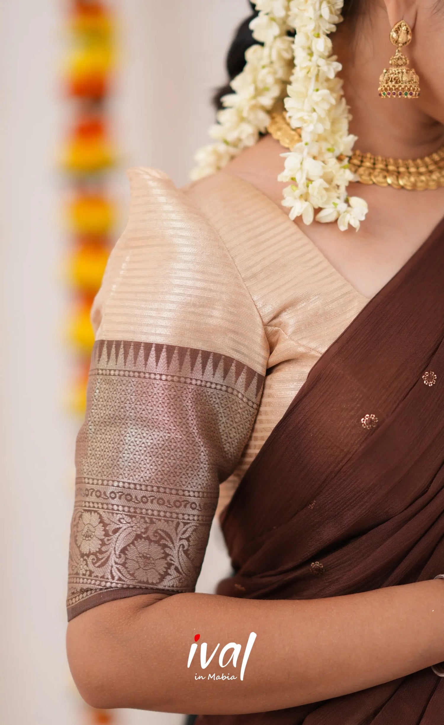 Izhaiyini Organza Halfsaree - Cream And Brown Half Sarees