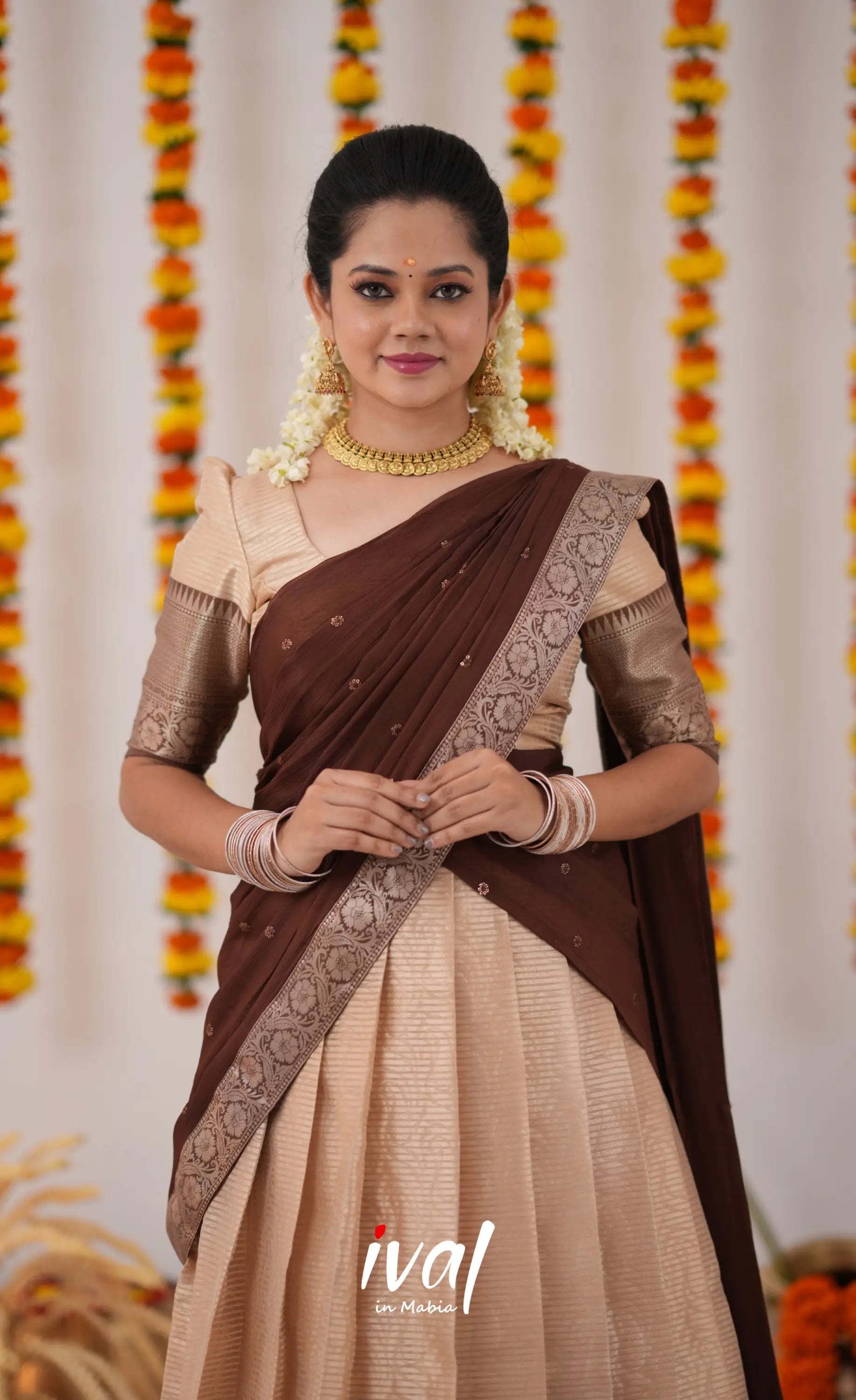 Izhaiyini Organza Halfsaree - Cream And Brown Half Sarees