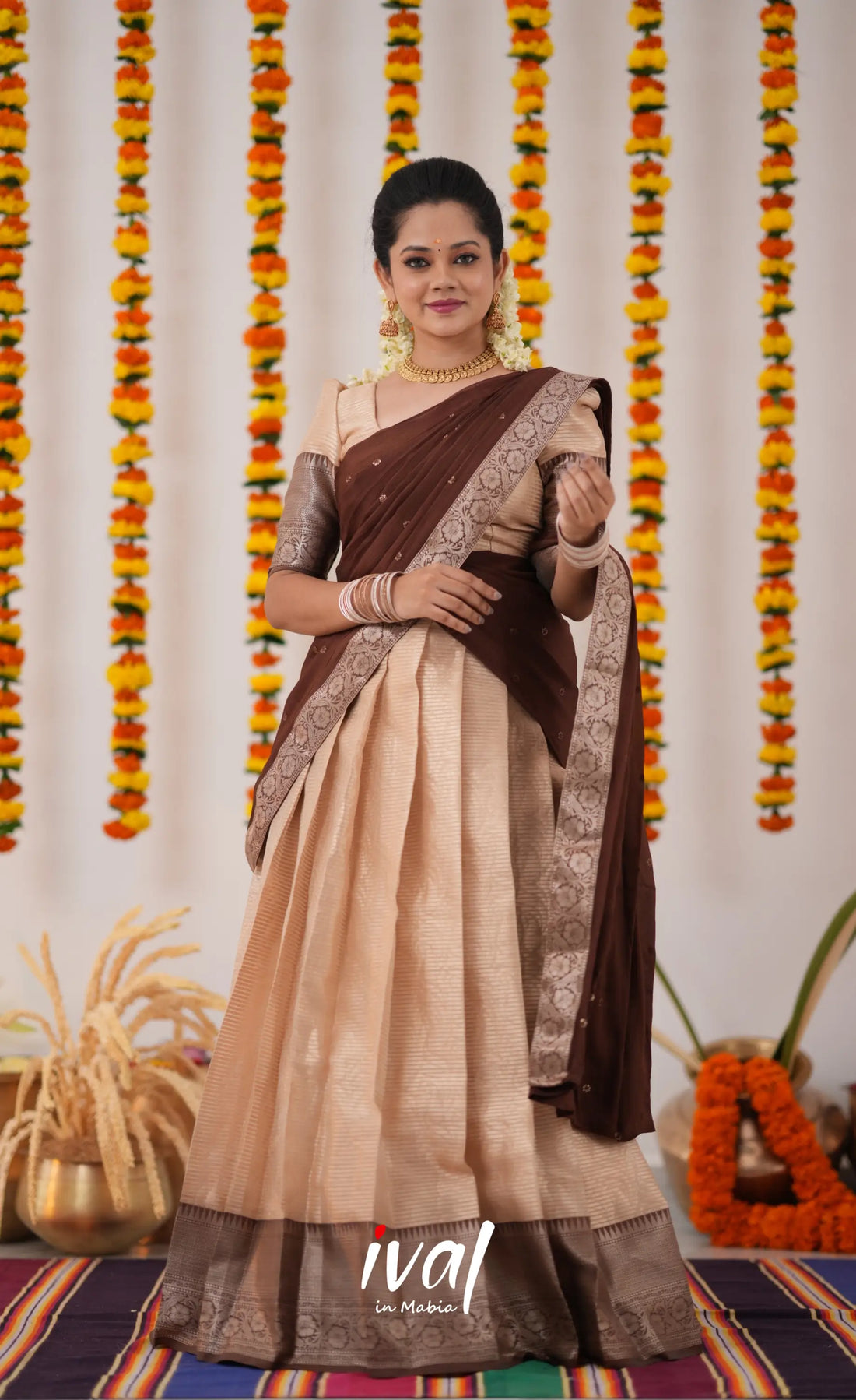 Izhaiyini Organza Halfsaree - Cream And Brown Half Sarees