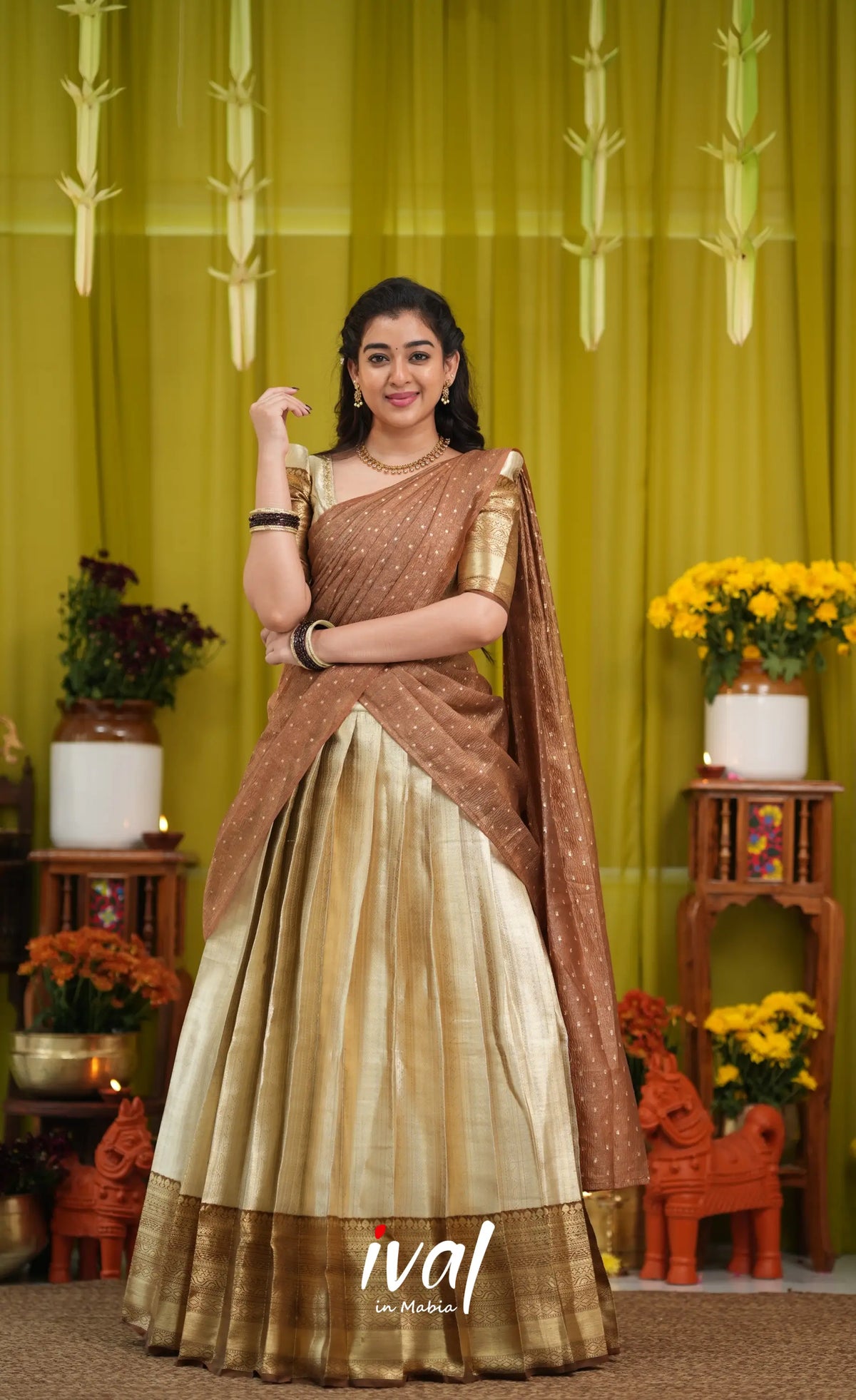 Izhaiyini Organza Halfsaree - Cream and Light brown - Half Sarees