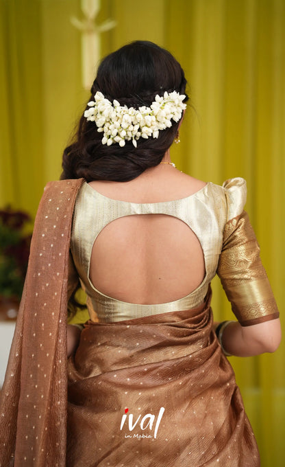 Izhaiyini Organza Halfsaree - Cream and Light brown - Half Sarees