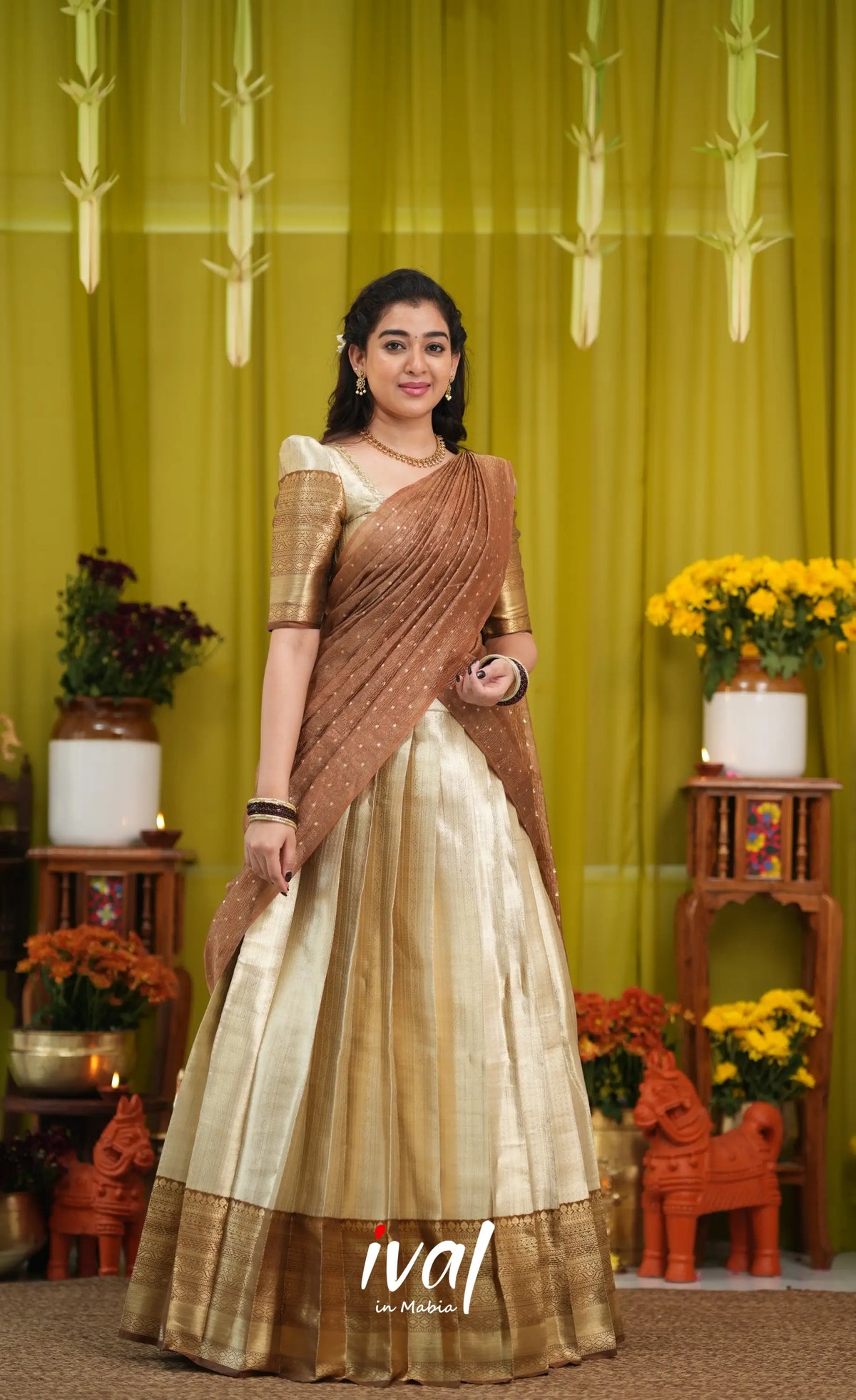 Izhaiyini Organza Halfsaree - Cream and Light brown - Half Sarees