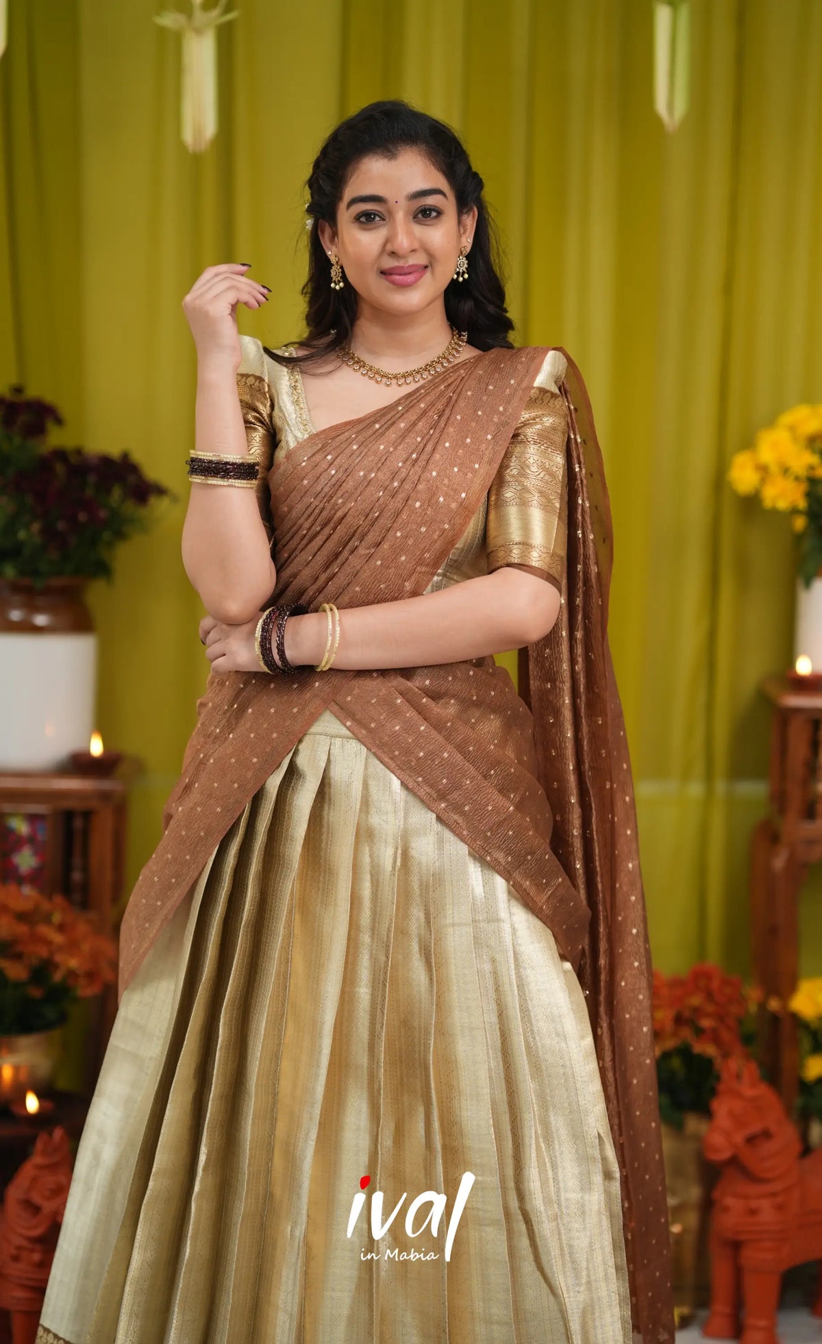 Izhaiyini Organza Halfsaree - Cream and Light brown - Half Sarees