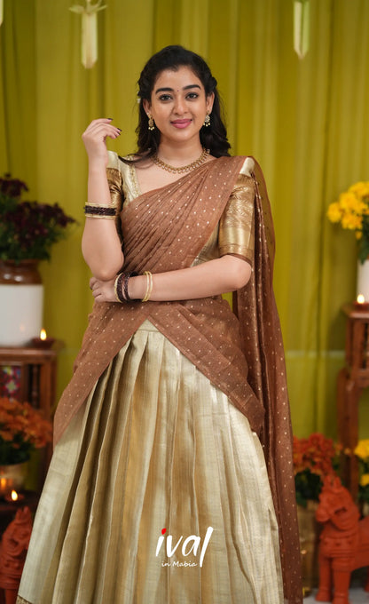 Izhaiyini Organza Halfsaree - Cream and Light brown - Half Sarees