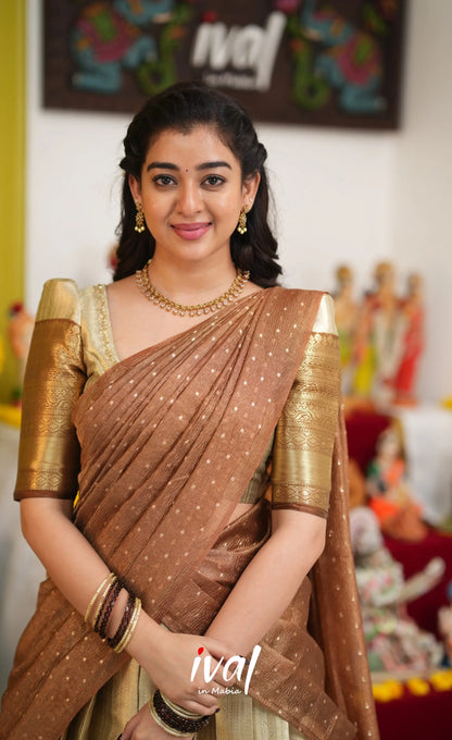 Izhaiyini Organza Halfsaree - Cream and Light brown - Half Sarees