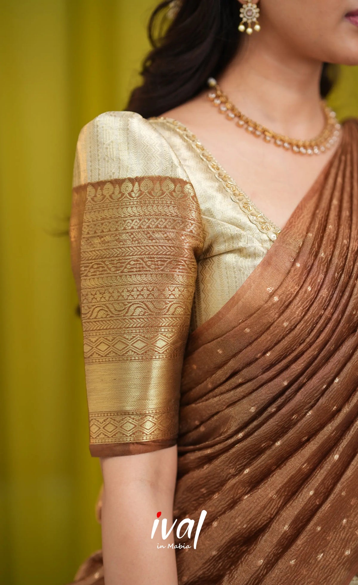 Izhaiyini Organza Halfsaree - Cream and Light brown - Half Sarees