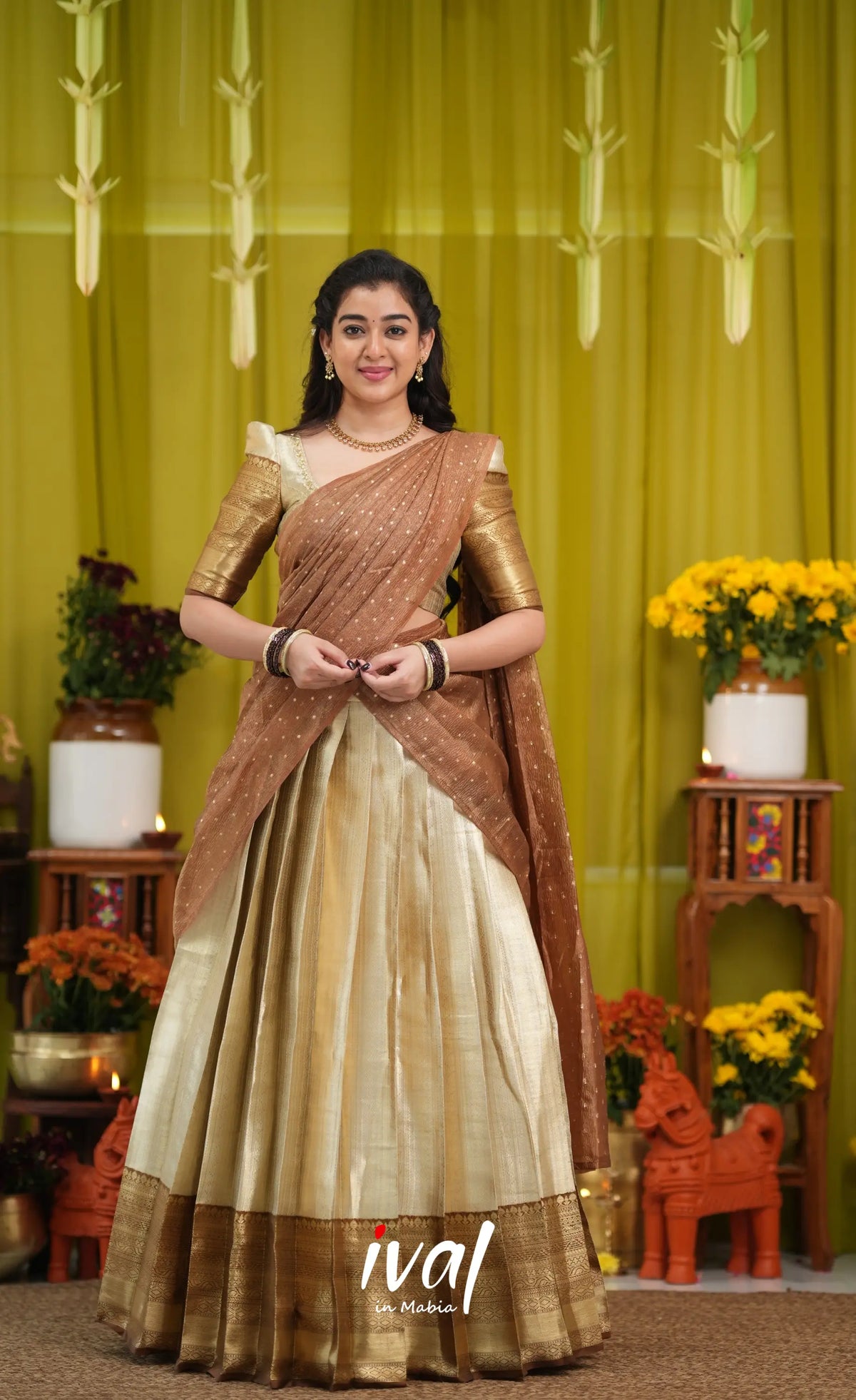 Izhaiyini Organza Halfsaree - Cream and Light brown - Half Sarees