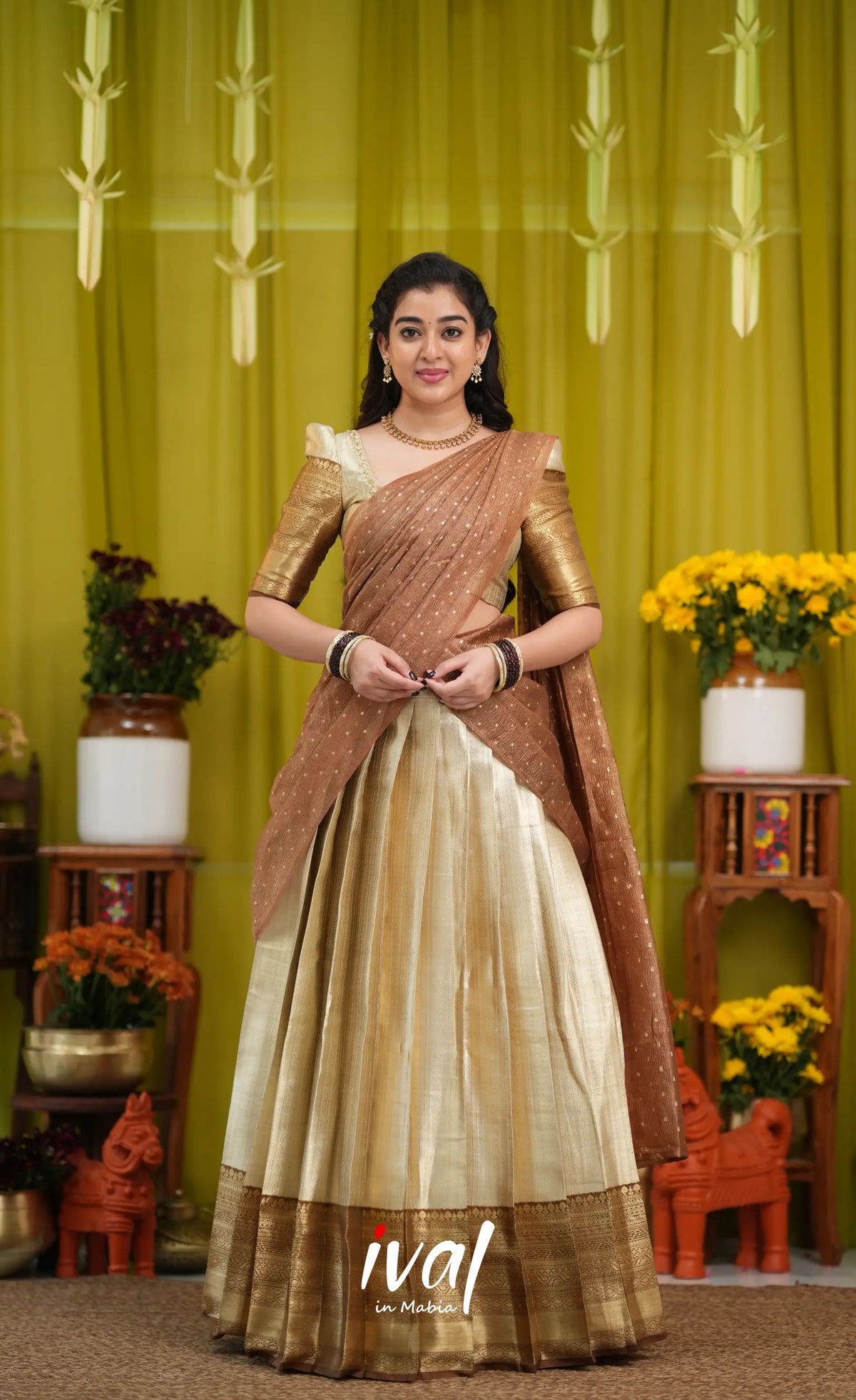 Izhaiyini Organza Halfsaree - Cream and Light brown - Half Sarees
