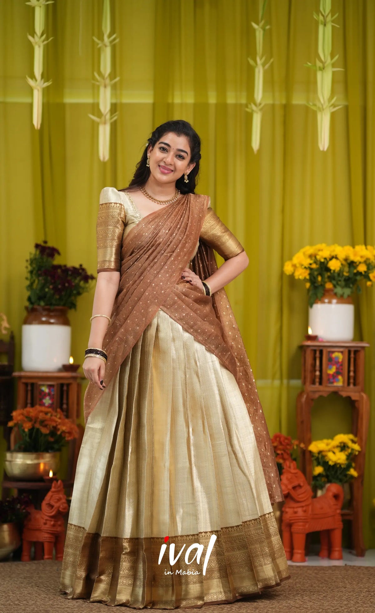 Izhaiyini Organza Halfsaree - Cream and Light brown - Half Sarees