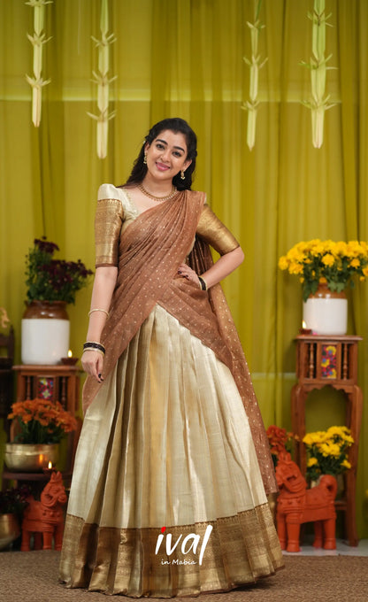 Izhaiyini Organza Halfsaree - Cream and Light brown - Half Sarees