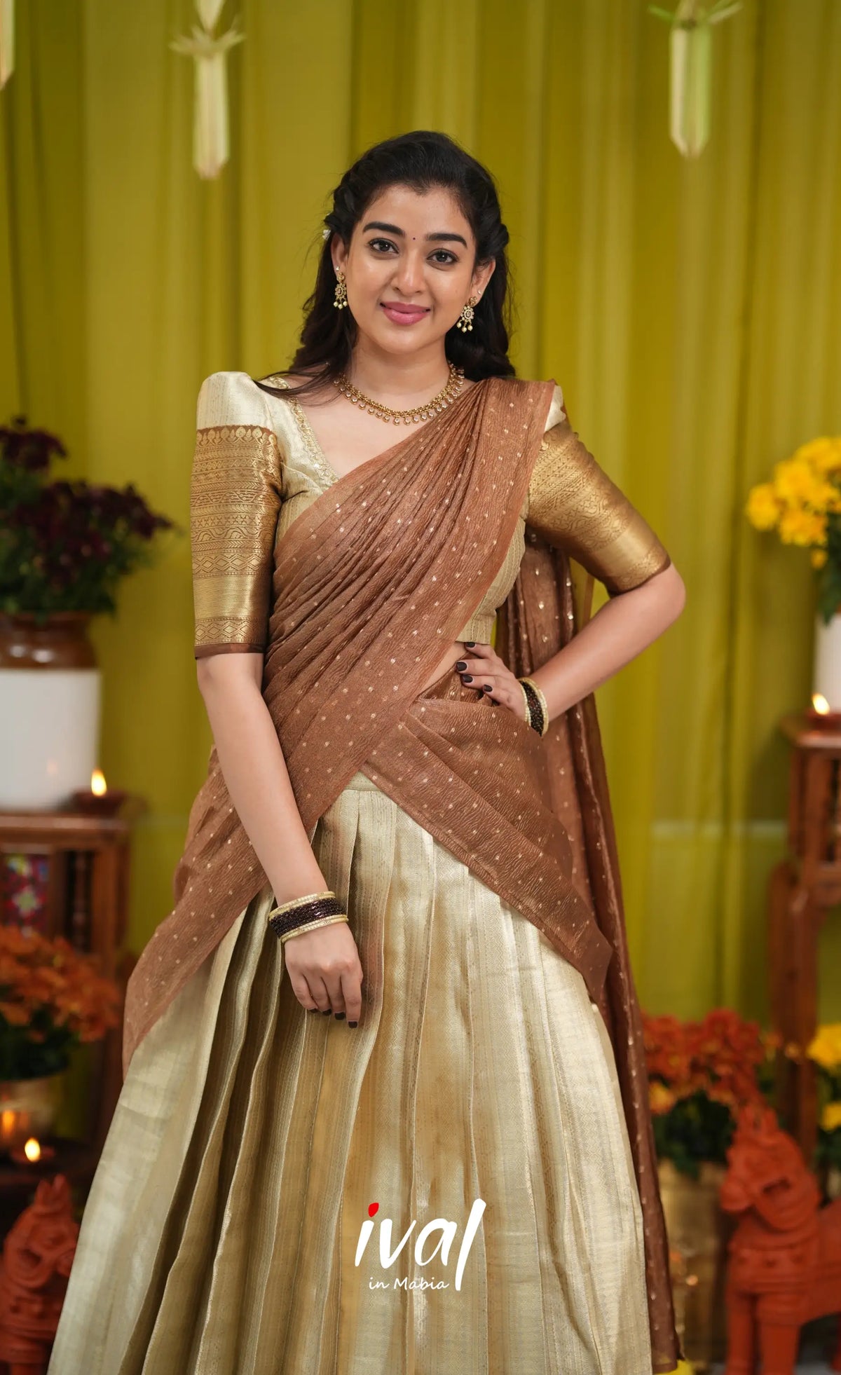Izhaiyini Organza Halfsaree - Cream and Light brown - Half Sarees