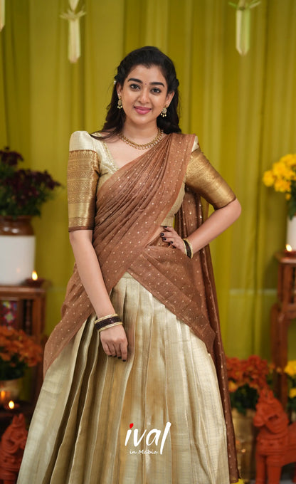 Izhaiyini Organza Halfsaree - Cream and Light brown - Half Sarees