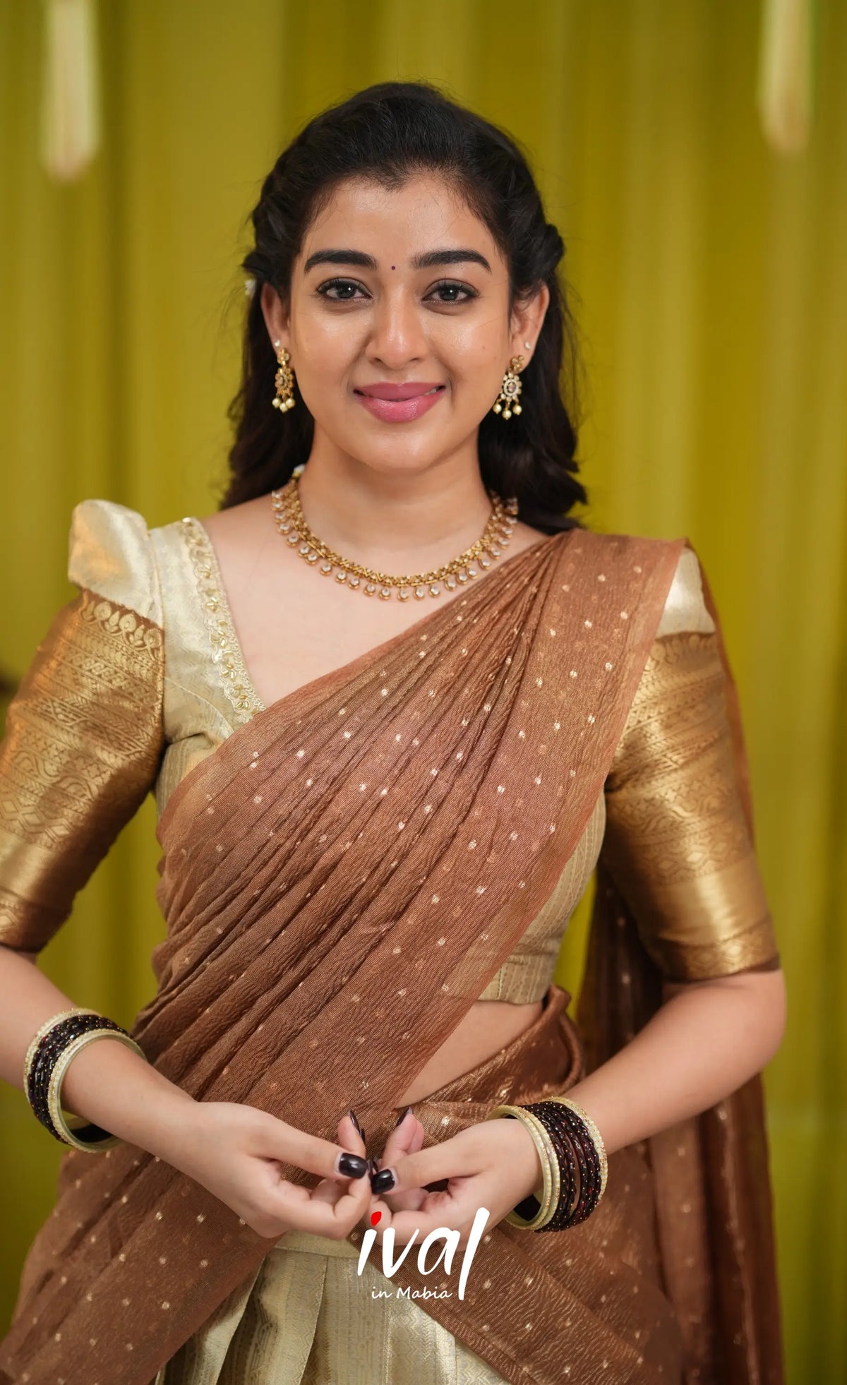 Izhaiyini Organza Halfsaree - Cream and Light brown - Half Sarees