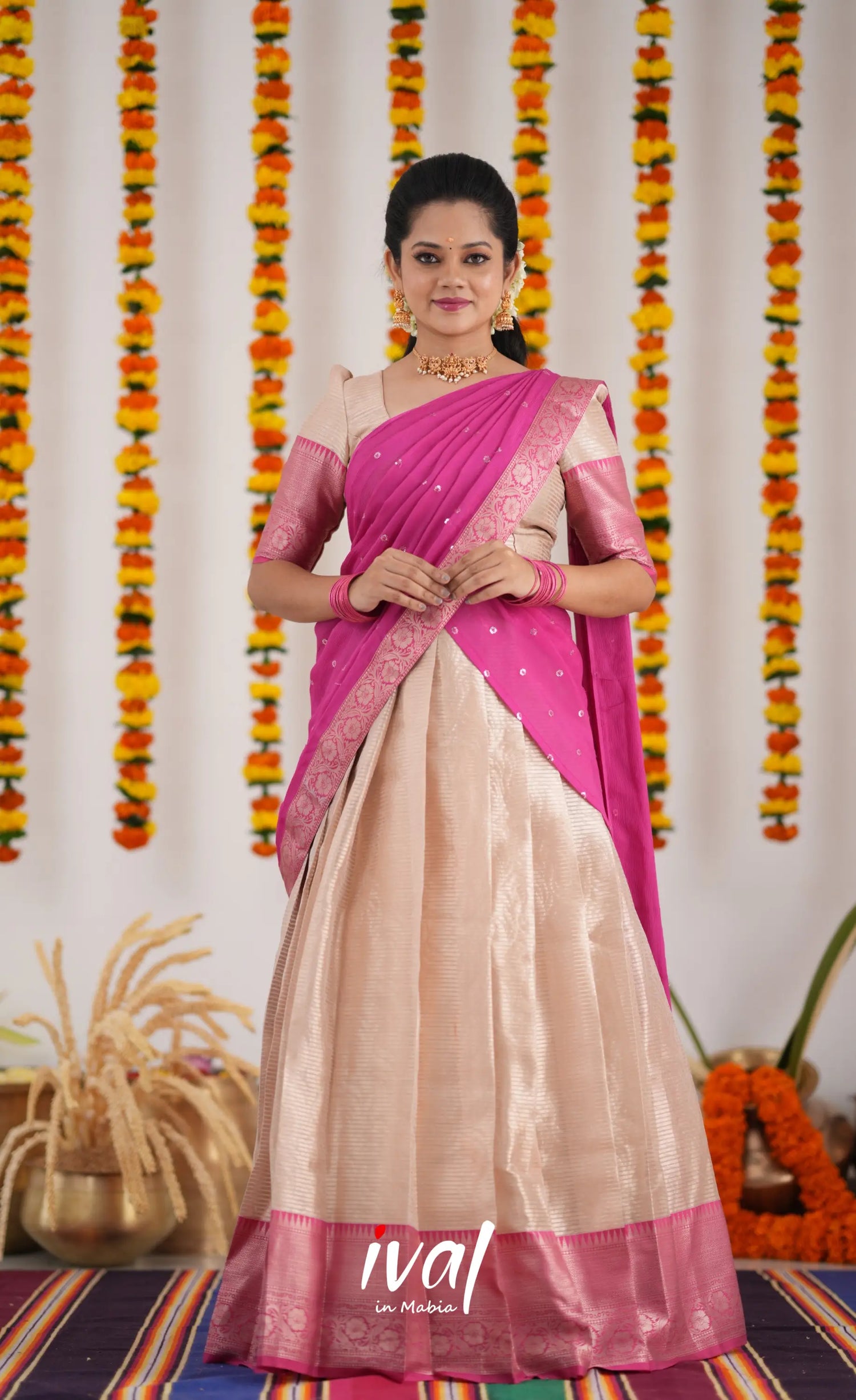 Izhaiyini Organza Halfsaree - Cream And Pink Half Sarees