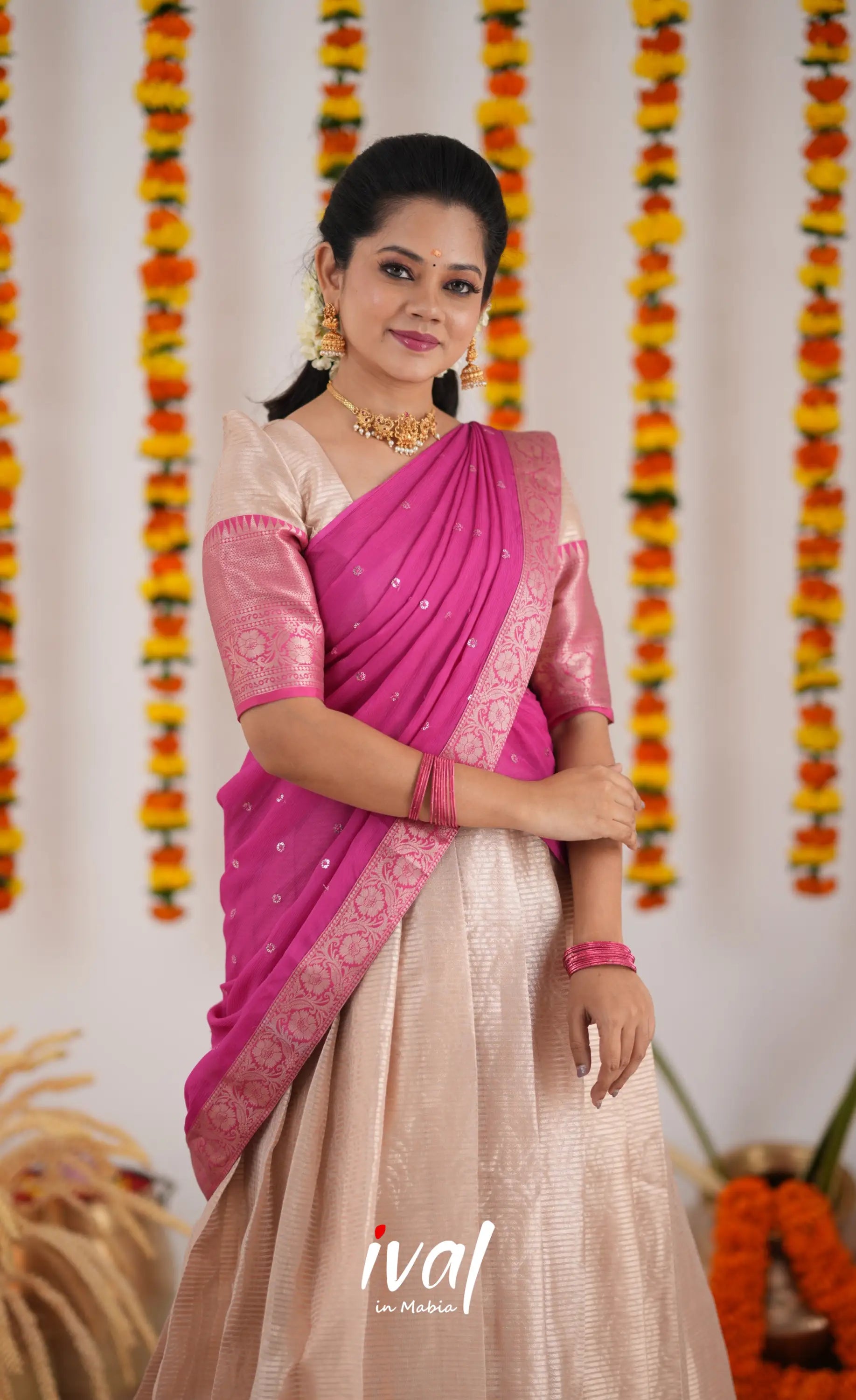 Izhaiyini Organza Halfsaree - Cream And Pink Half Sarees