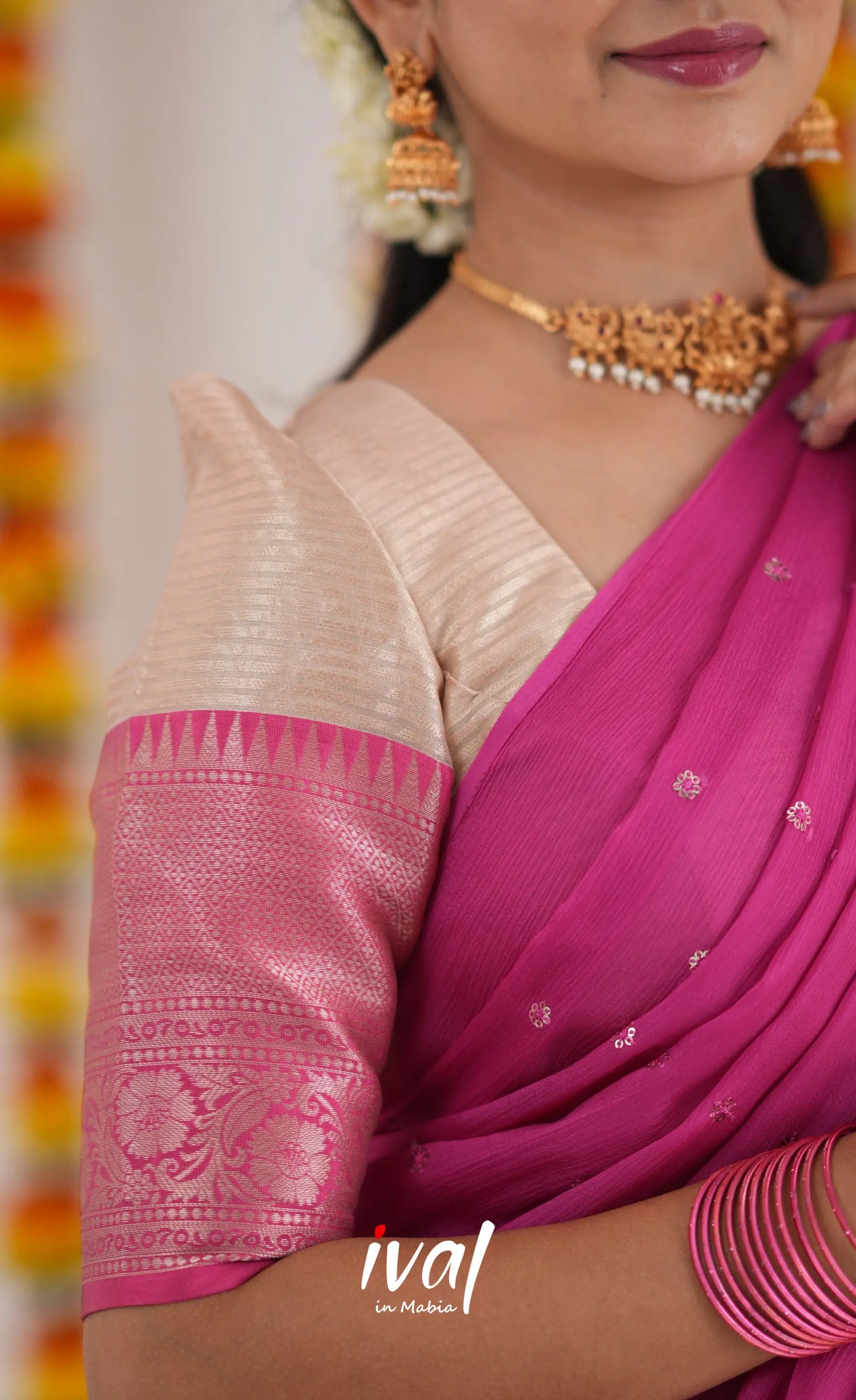 Izhaiyini Organza Halfsaree - Cream And Pink Half Sarees