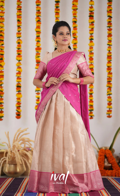 Izhaiyini Organza Halfsaree - Cream And Pink Half Sarees