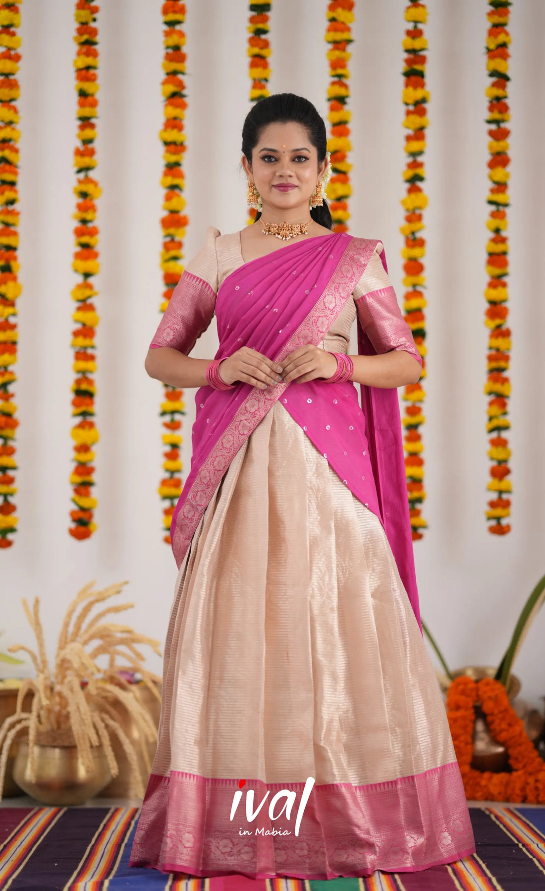 Izhaiyini Organza Halfsaree - Cream And Pink Half Sarees