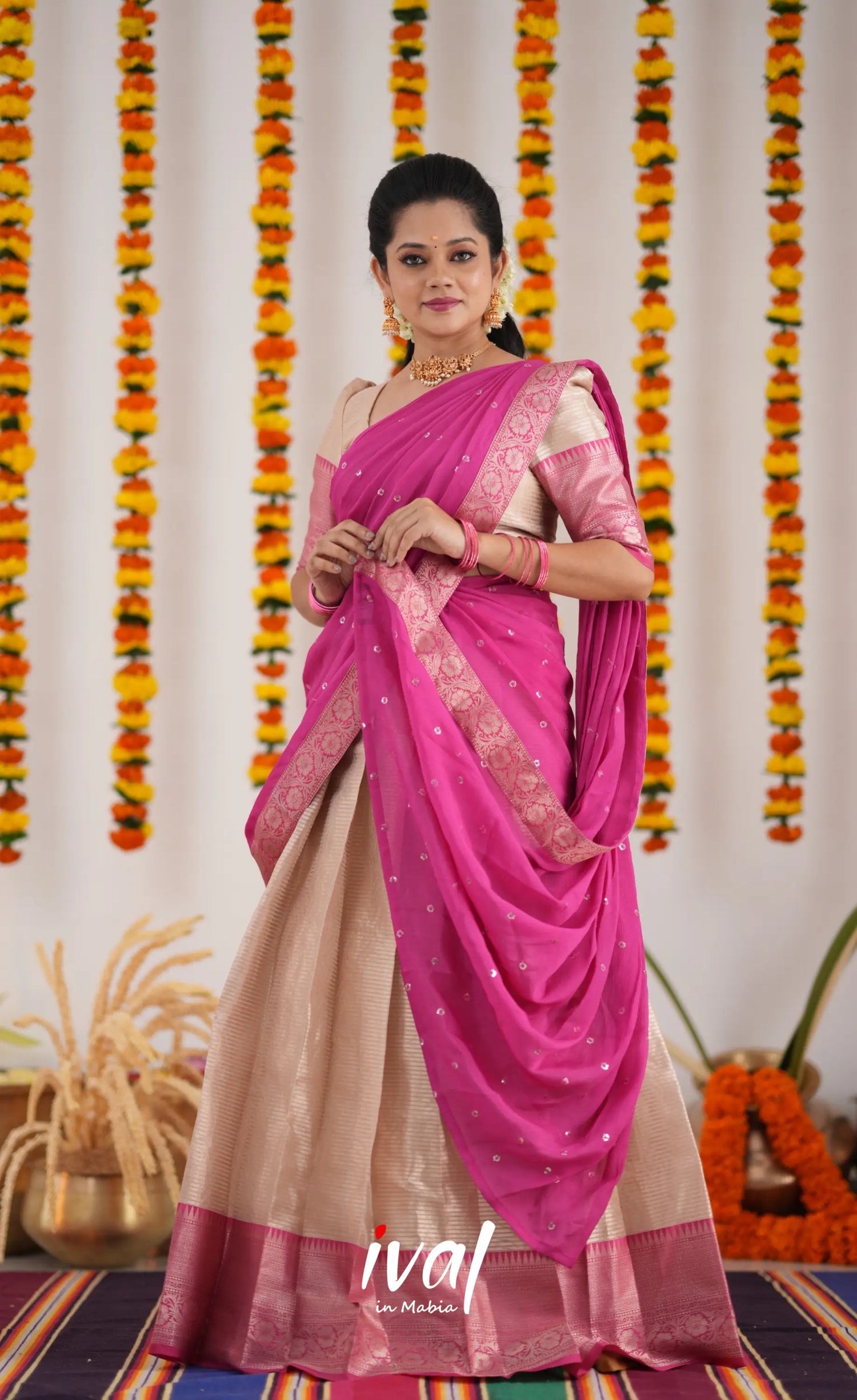 Izhaiyini Organza Halfsaree - Cream And Pink Half Sarees