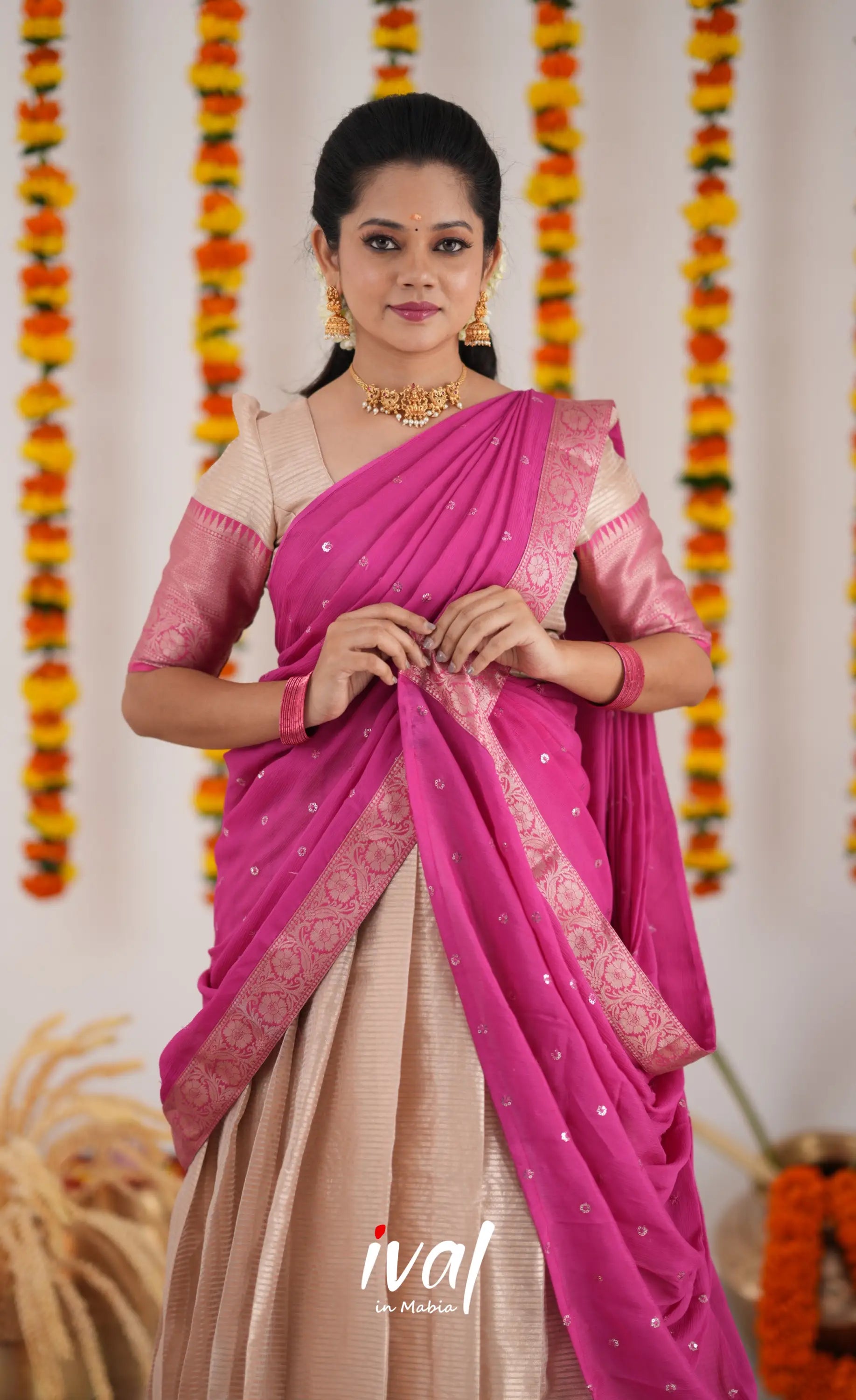 Izhaiyini Organza Halfsaree - Cream And Pink Half Sarees