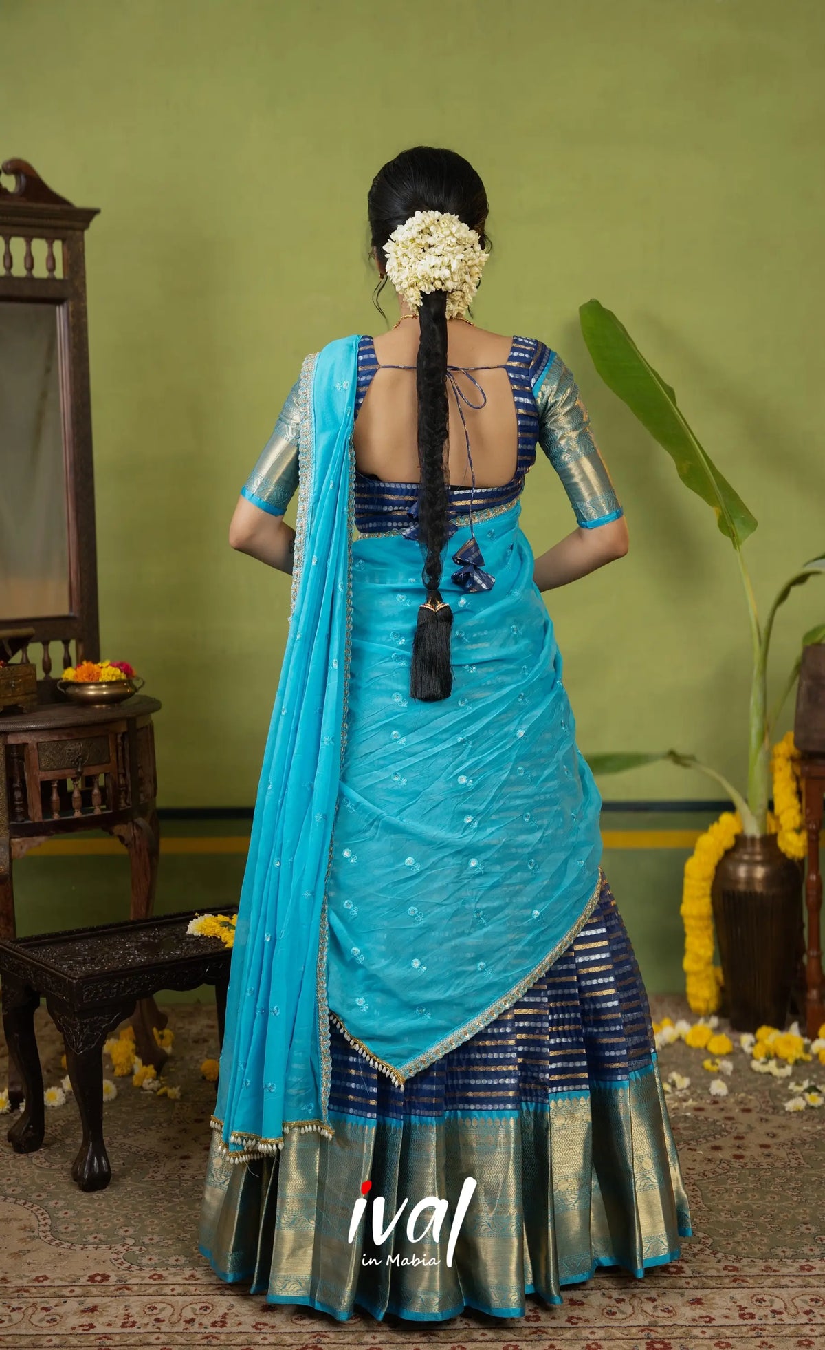 Izhaiyini Organza Halfsaree - Dark blue and Light blue - Half Sarees