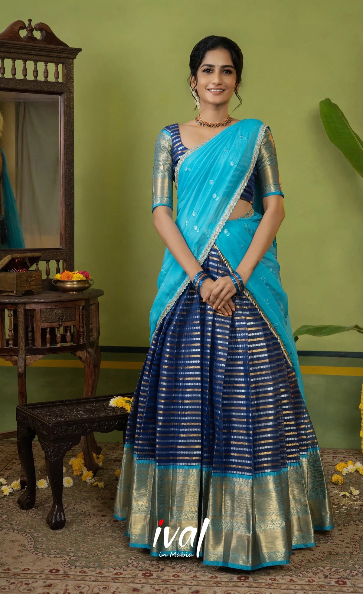 Izhaiyini Organza Halfsaree - Dark blue and Light blue - Half Sarees