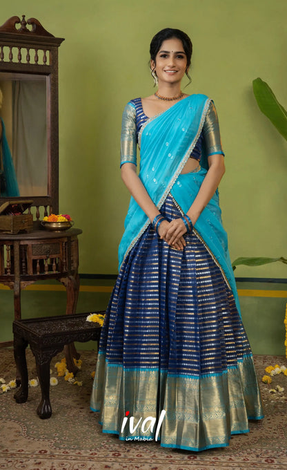 Izhaiyini Organza Halfsaree - Dark blue and Light blue - Half Sarees