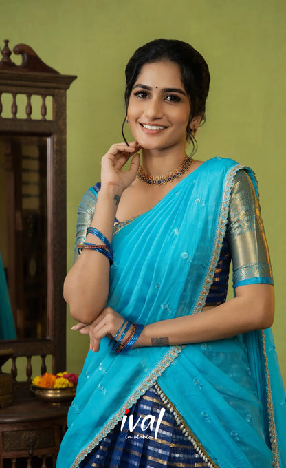 Izhaiyini Organza Halfsaree - Dark blue and Light blue - Half Sarees